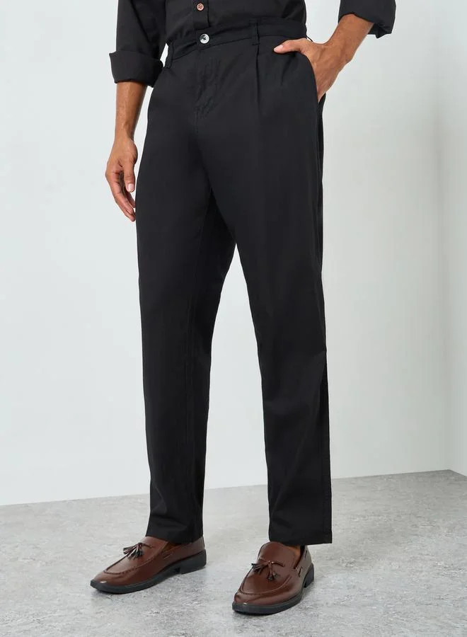 Styli  Men Black Pleated Tapered Linen Trousers for Men | Best Price UAE